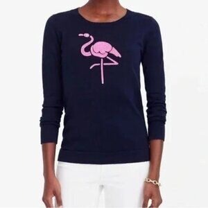 J.Crew Teddie Sweater Navy Hot Pink Embroidered Flamingo Size XS